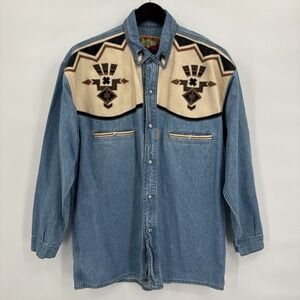 Shooter Shirt Size M Pearl Snap Aztec Cowboy Western Men's Denim Vtg Unique